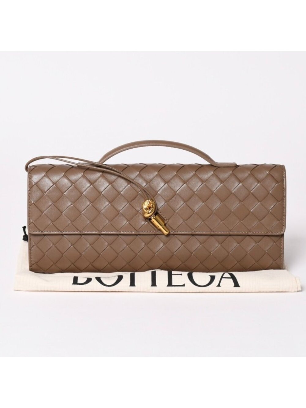 Bottega Veneta Andiamo Clutch Metal Knot Closure Brown Bifold Intrecciato Gold